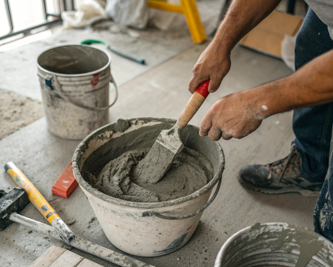 Achieve the perfect consistency for your stepping stones by mixing cement thoroughly.
