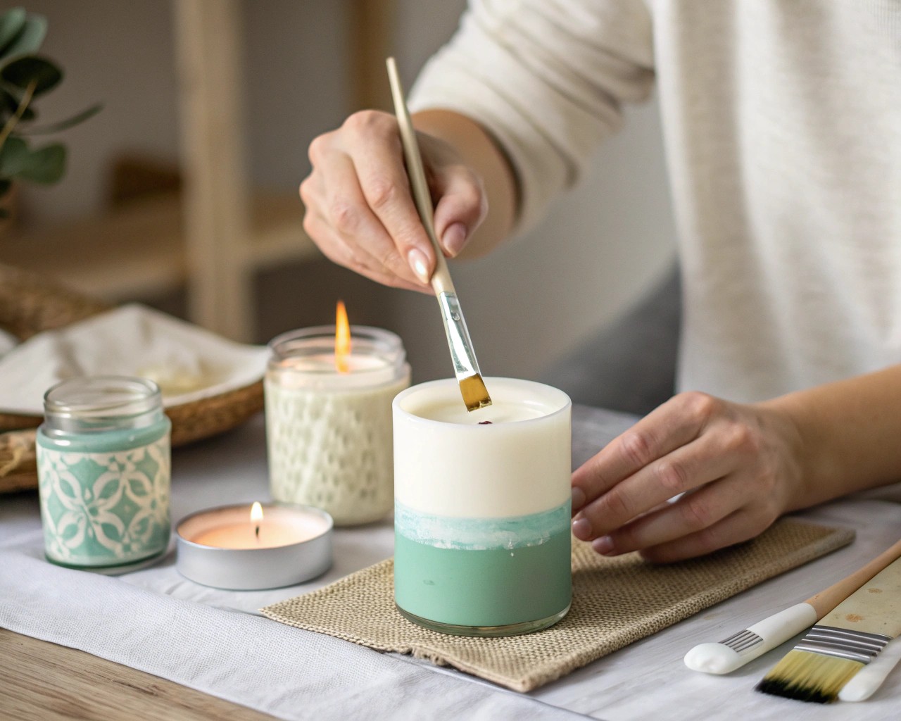 Applying a smooth base layer is crucial for cohesive candle designs.