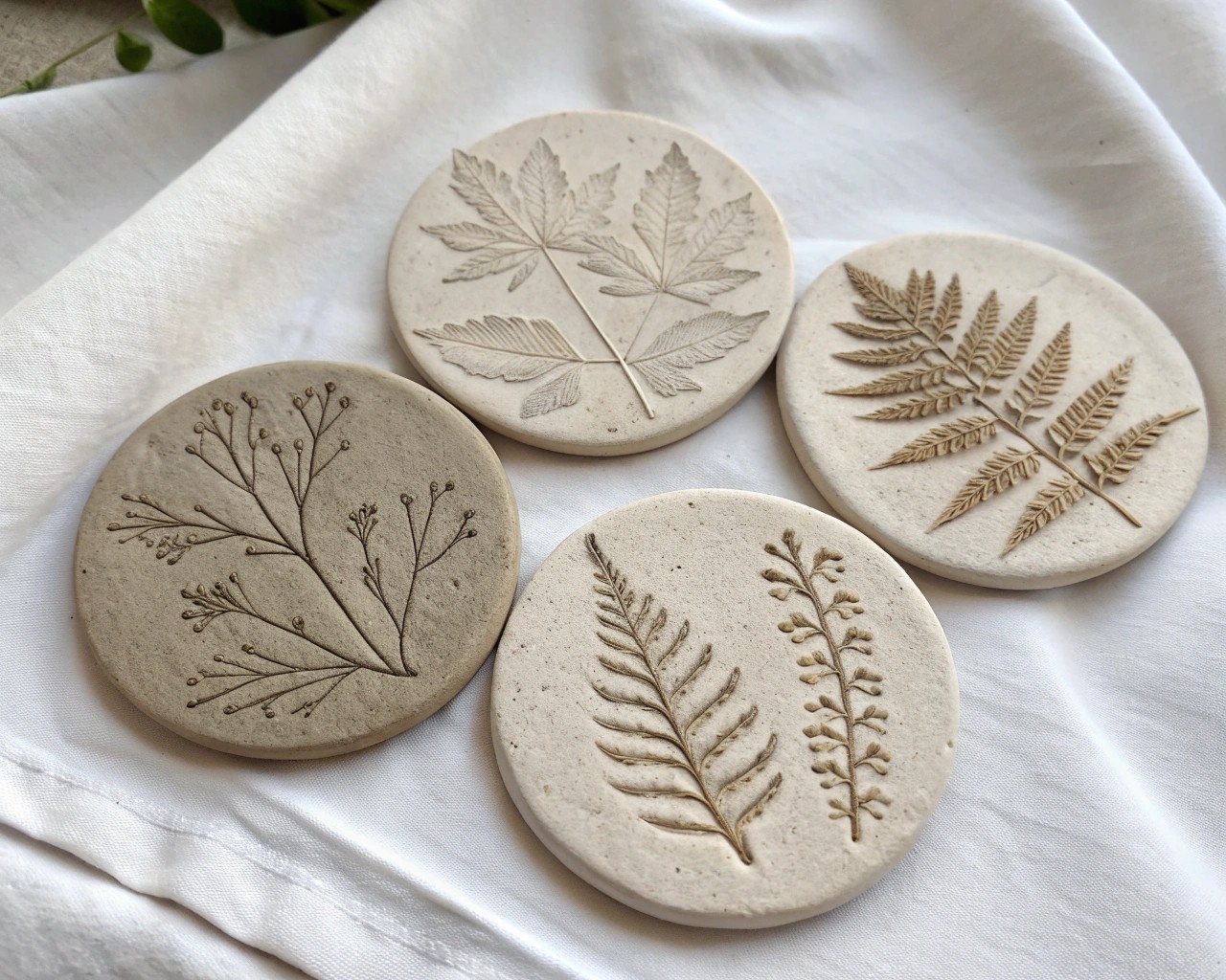 Botanical impressions on clay create unique and intricate designs that enhance the coaster's tactile charm.
