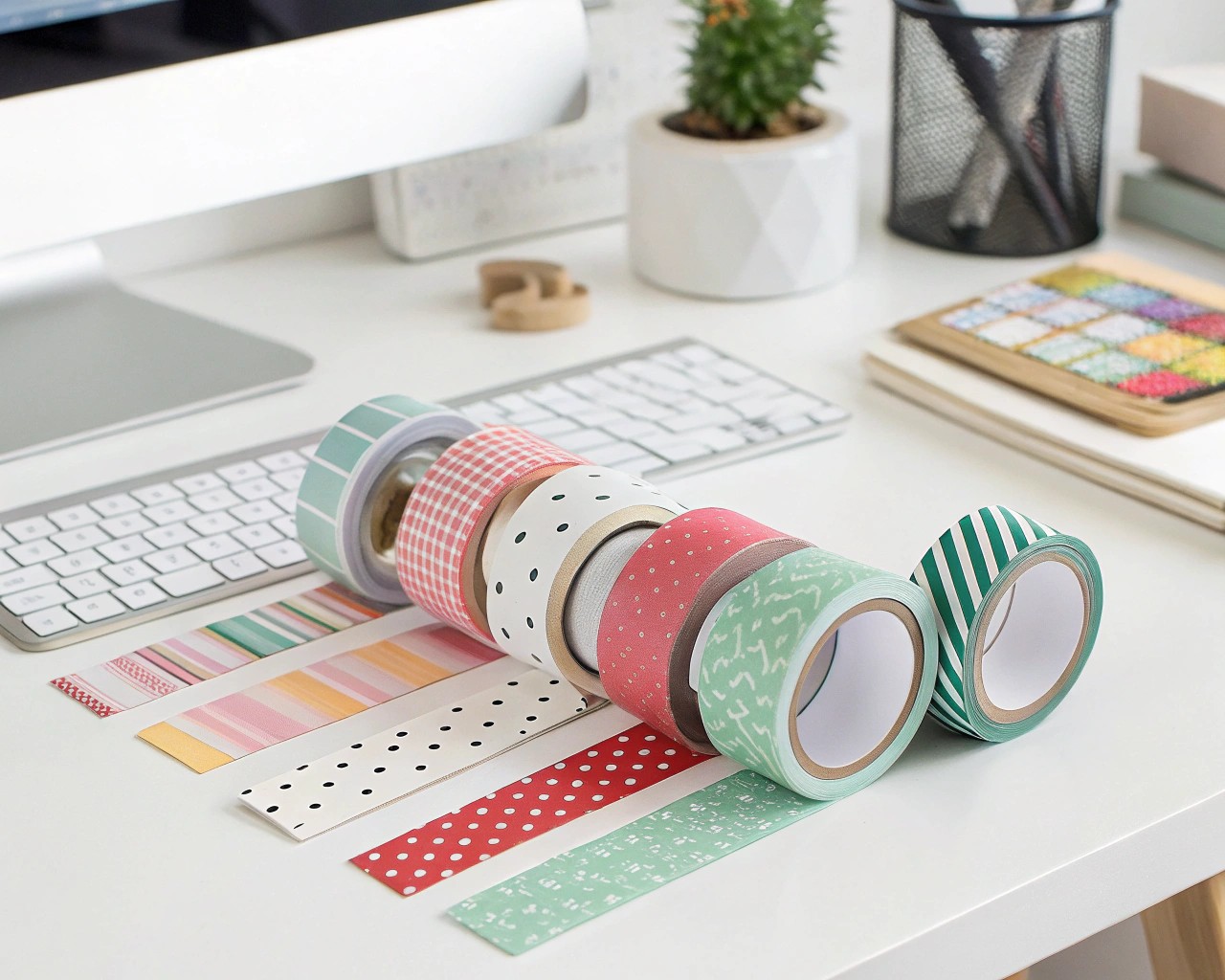 Gather essential materials like washi tape and printed cards for your DIY moodboard.