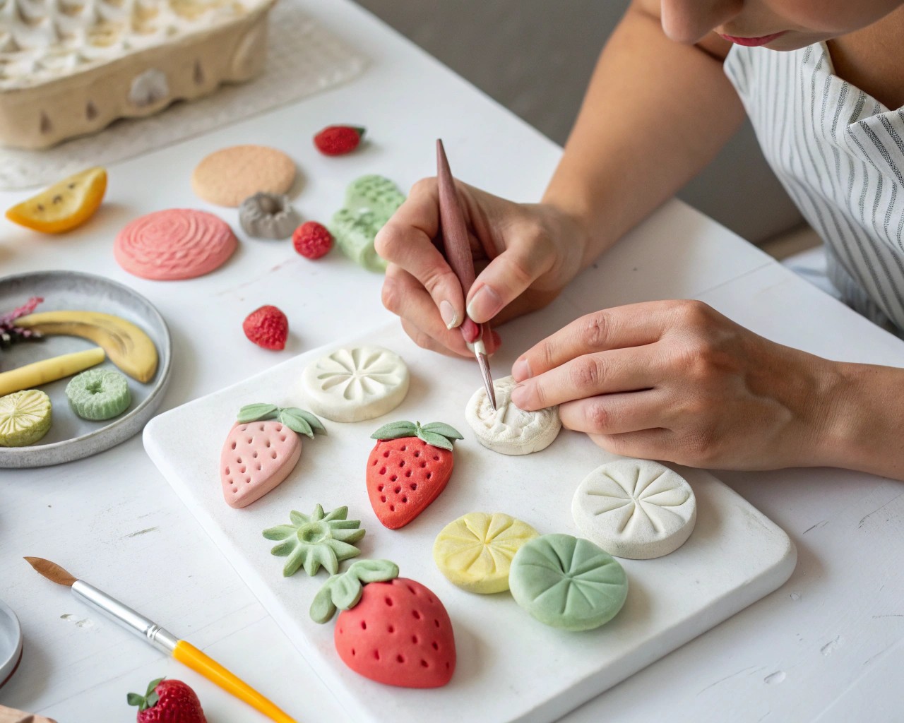 Transform clay into elegant pastel fruit forms that echo each fruit's intrinsic charm with minimalist abstraction.